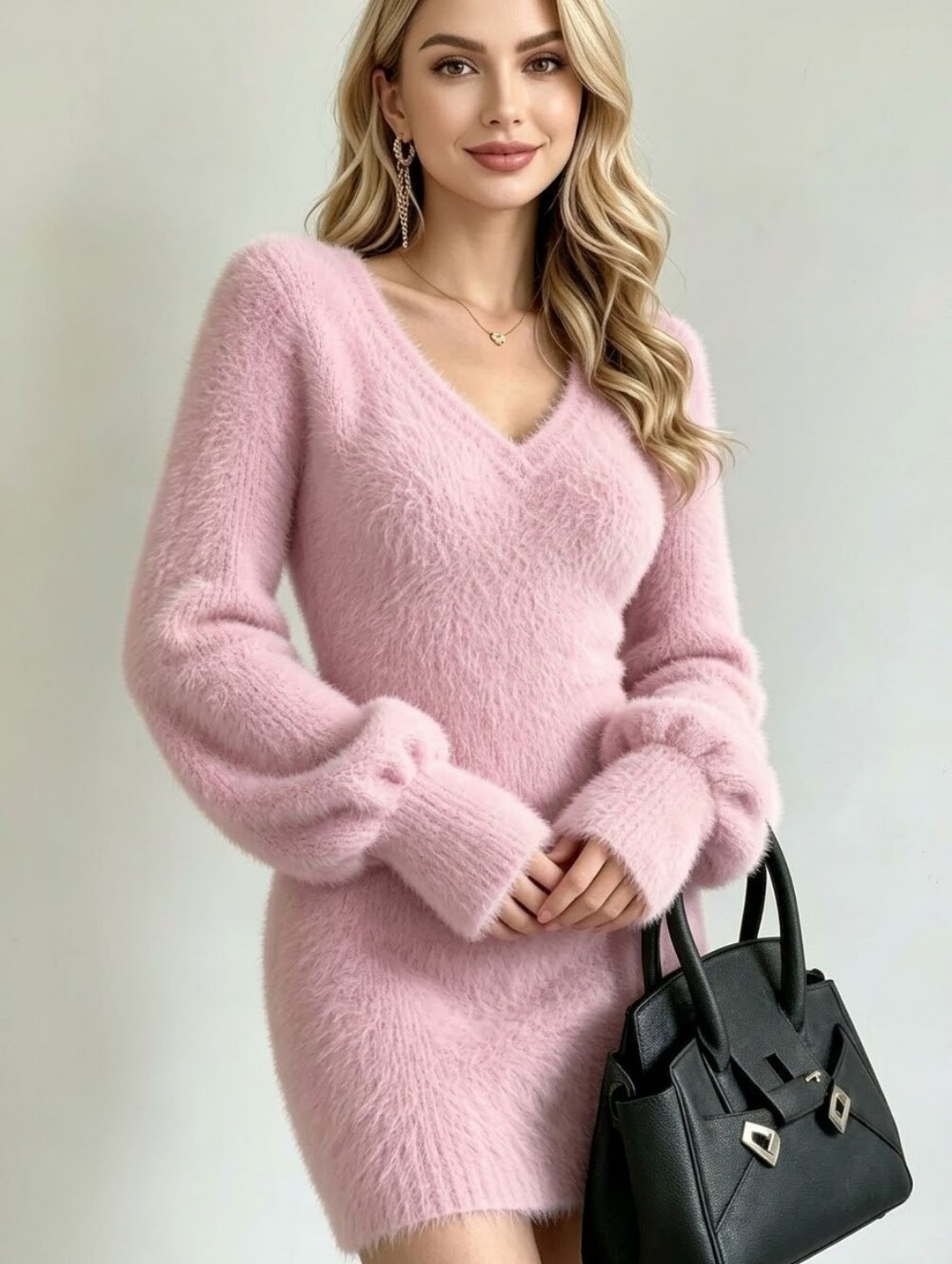 Aspen Fuzzy Knit Sweater Dress - Pink